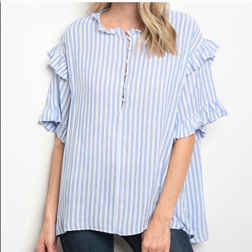 Mustard Seed Blue White Striped Top Ruffle NWT - Picture 1 of 5
